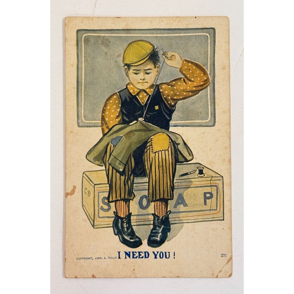 Vintage 1907 I Need You Post Card WWl Boy Sewing Military Uniform READ